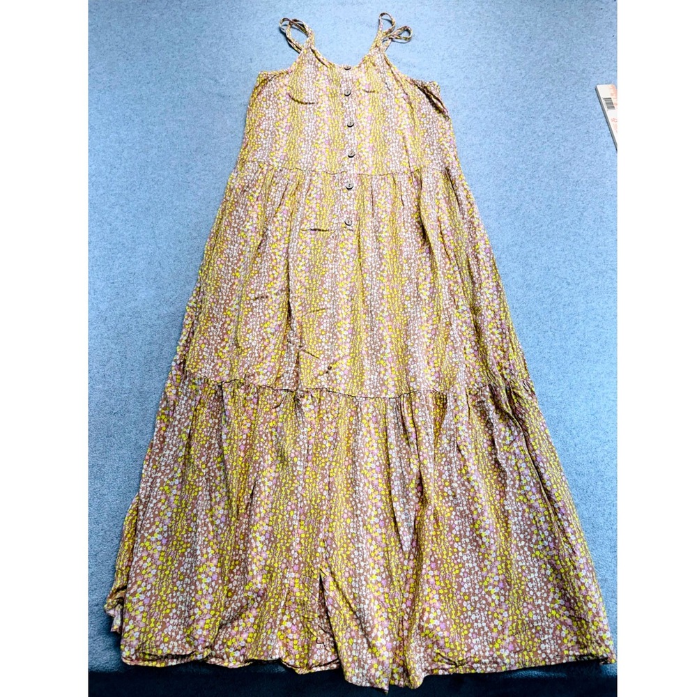 Art Class Girls XL 16-18 Floral Tiered Maxi Dress Brown Yellow Print Boho Flowy